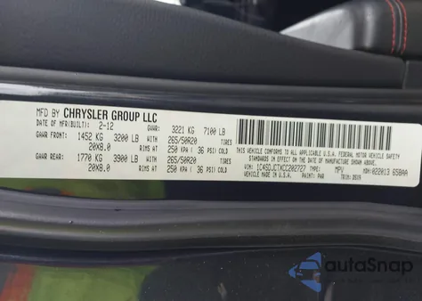 2012 Dodge Durango R/T z USA, uszkodzony, nr VIN 1C4SDJCTXCC202727